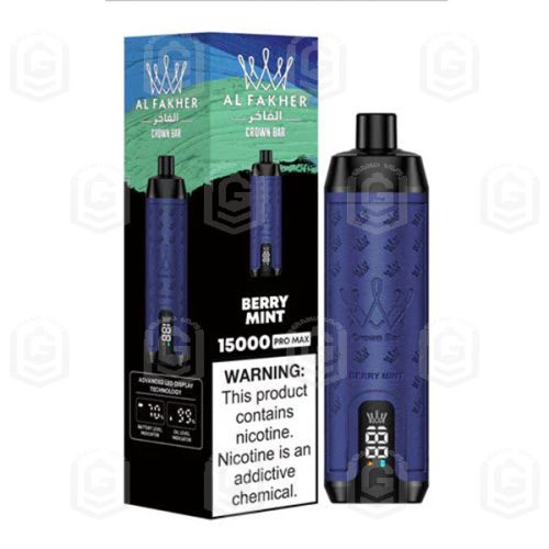 ویپ یکبار مصرف بری نعنا ۱۵۰۰۰ پاف با صدای قلیان کرون بار الفاخر | CROWN BAR AL FAKHER 15000 PUFFS Disposable vape With Sound – Berry Mint