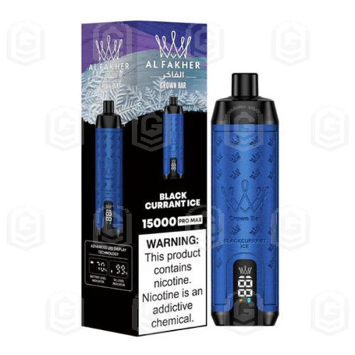 ویپ یکبار مصرف انگورفرنگی یخ ۱۵۰۰۰ پاف با صدای قلیان کرون بار الفاخر | CROWN BAR AL FAKHER 15000 PUFFS Disposable vape With Sound – Blackcurrant Ice