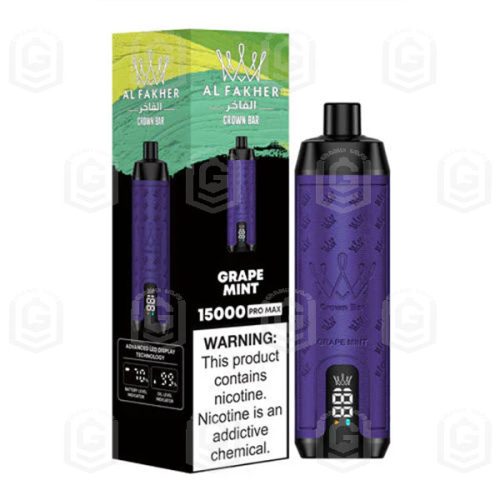 ویپ یکبار مصرف انگور نعنا ۱۵۰۰۰ پاف با صدای قلیان کرون بار الفاخر | CROWN BAR AL FAKHER 15000 PUFFS Disposable vape With Sound – Grape Mint