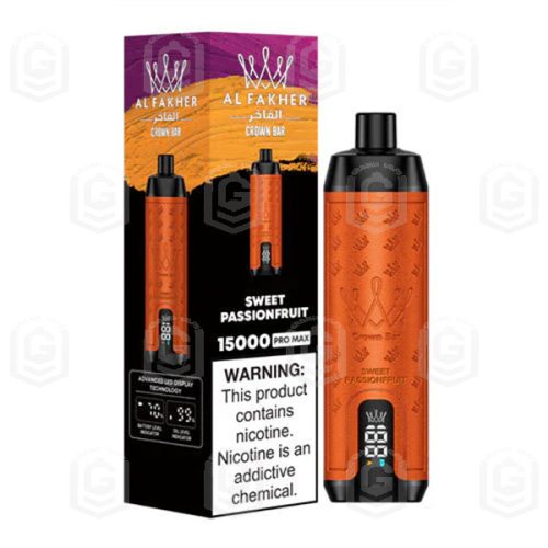ویپ یکبار مصرف پشن فروت شیرین ۱۵۰۰۰ پاف با صدای قلیان کرون بار الفاخر | CROWN BAR AL FAKHER 15000 PUFFS Disposable vape With Sound – Sweet Passionfruit