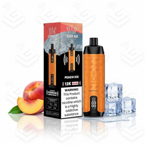 ویپ یکبار مصرف هلو یخ ۱۲۰۰۰ پاف با صدای قلیان کرون بار الفاخر | CROWN BAR AL FAKHER 12000 PUFFS Disposable Vape With Sound – Peach Ice
